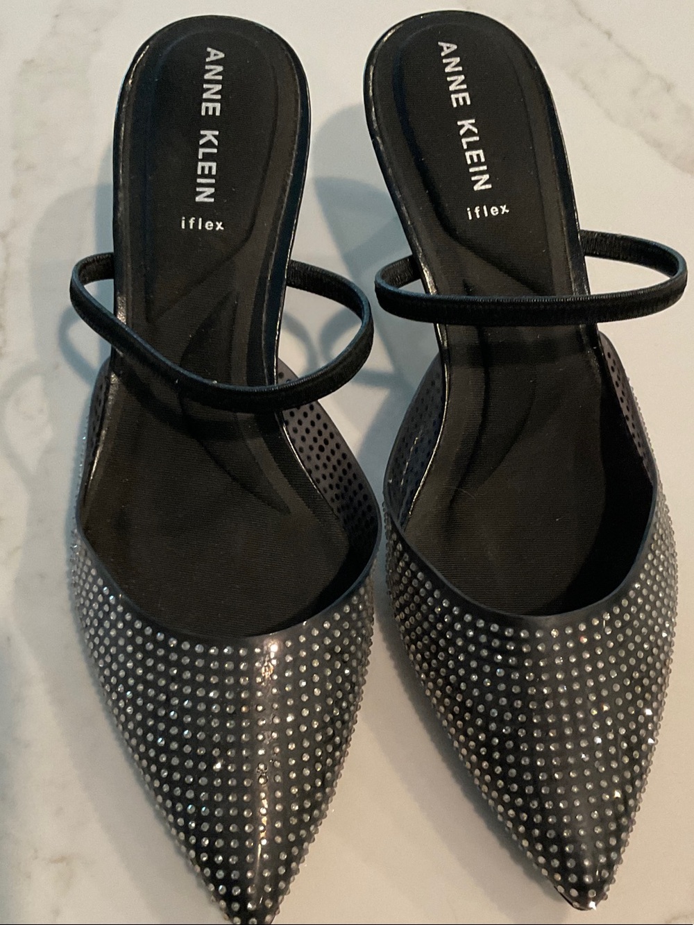 Anne Klein Black Crystal-Studded Pointed Toe Slingbacks